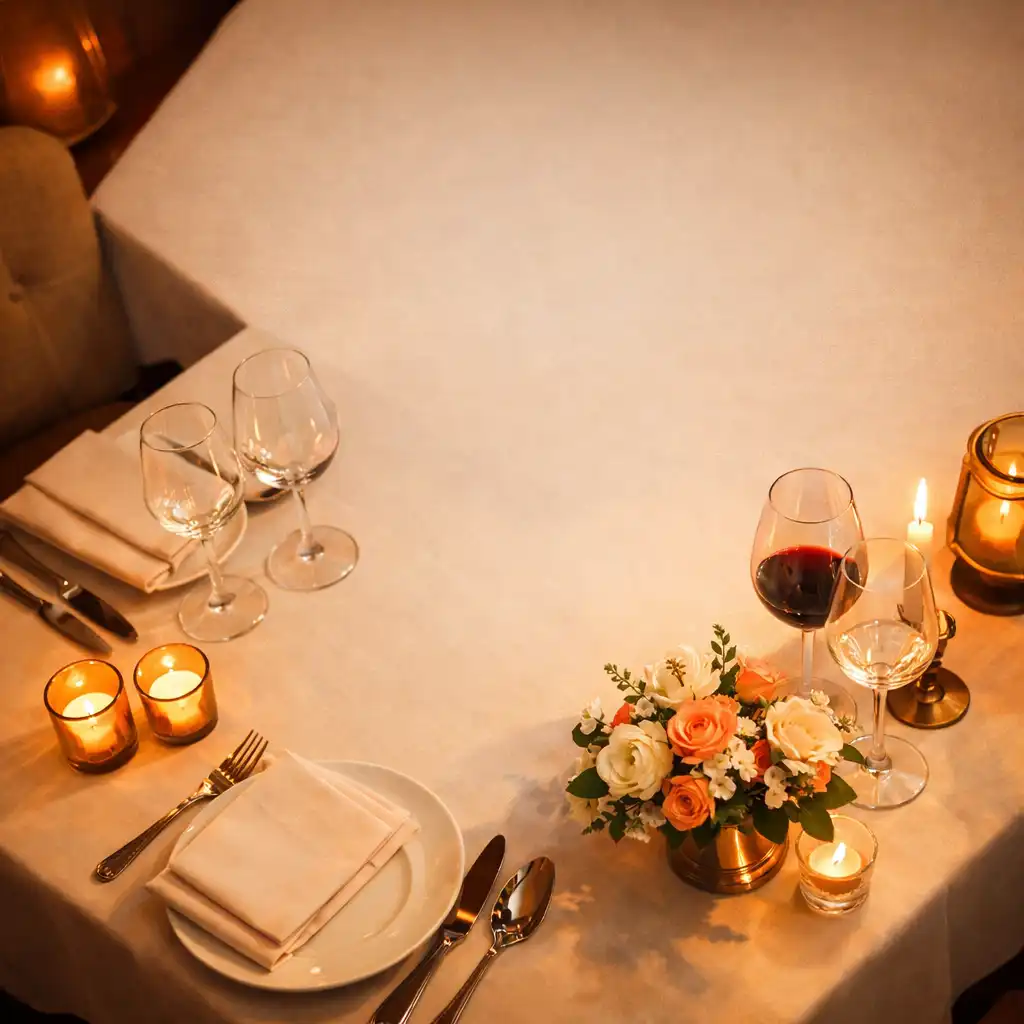 Stolik w restauracji nakryty dla dwojga z elegancką zastawą i kieliszkami do wina