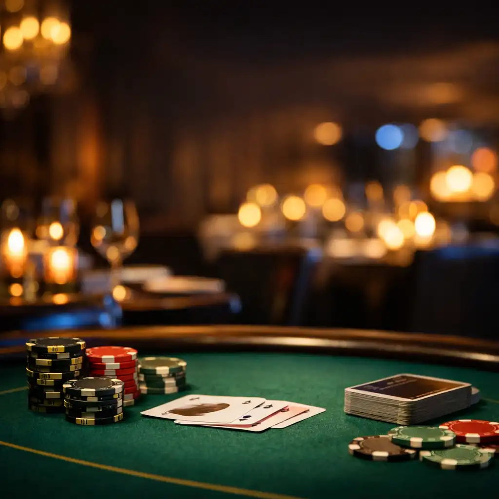 Luksusowy stół do pokera z żetonami i kartami w eleganckiej restauracji
