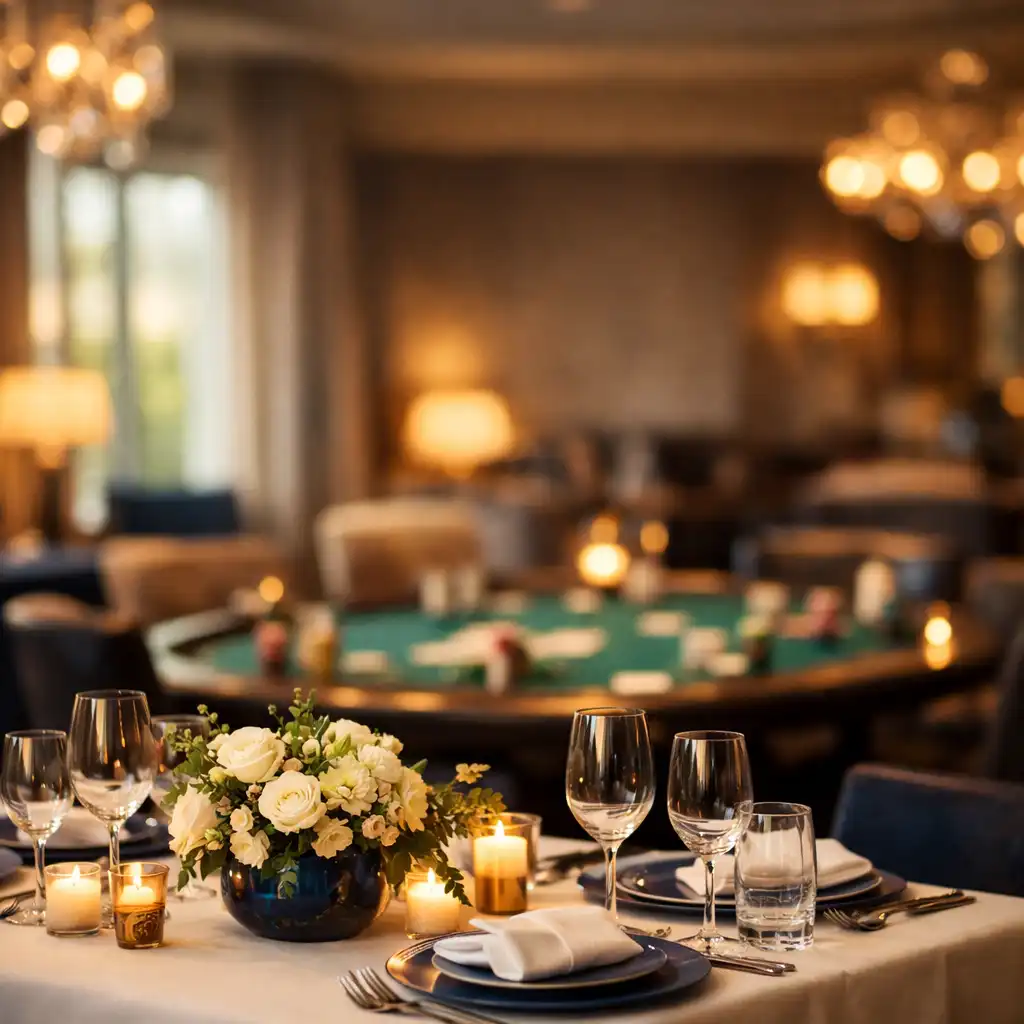 Elegancki stół restauracyjny z subtelnymi elementami gier w tle