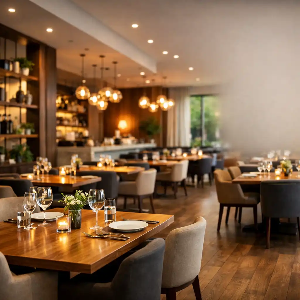 Eleganckie wnętrze restauracji Palate Dining z ciepłym oświetleniem i nowoczesnym wystrojem