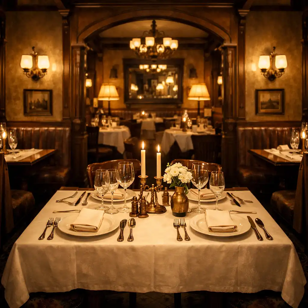 Historyczne wnętrze restauracji z drewnianymi meblami i ciepłym światłem lamp