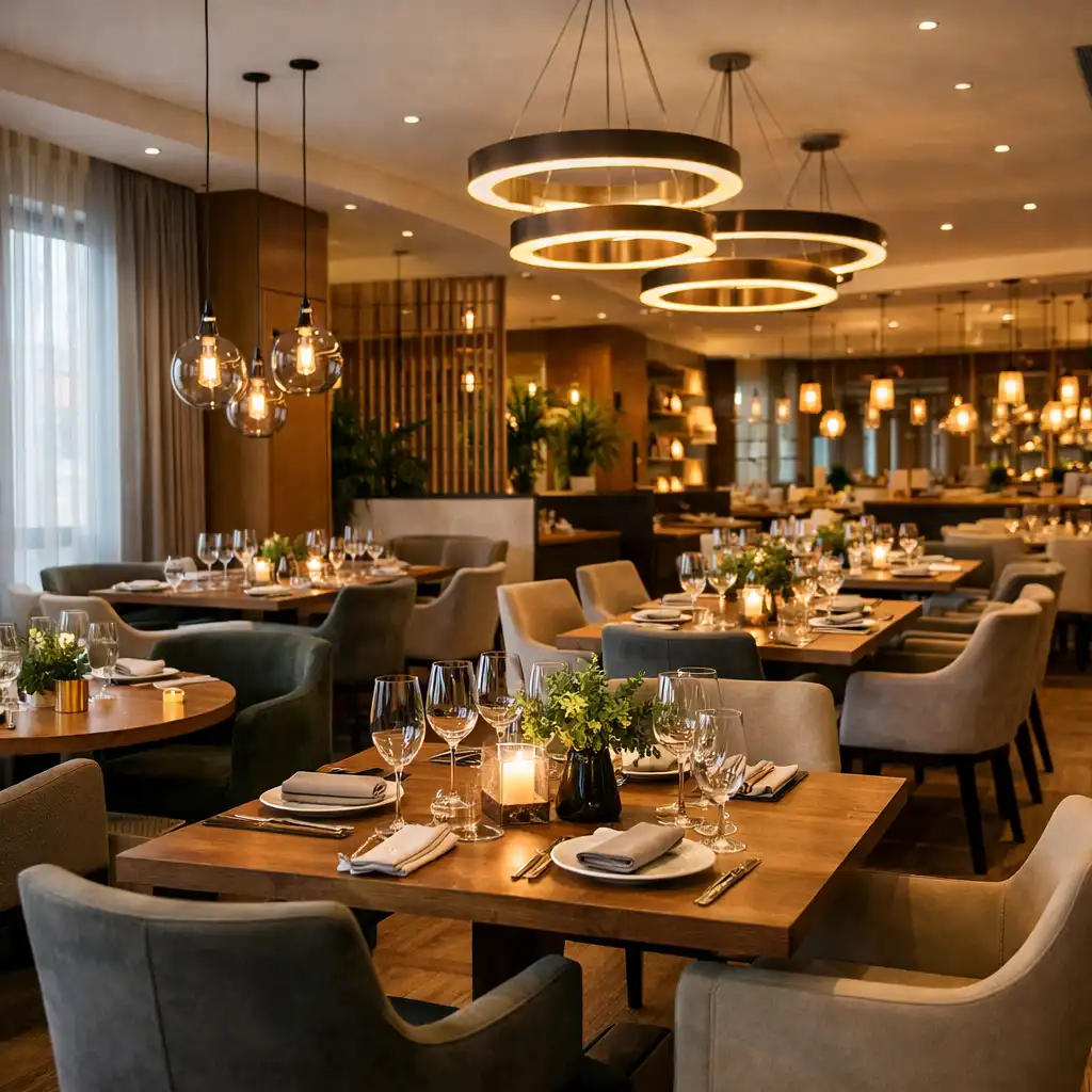 Główna sala restauracyjna z eleganckimi stolikami i nowoczesnym oświetleniem