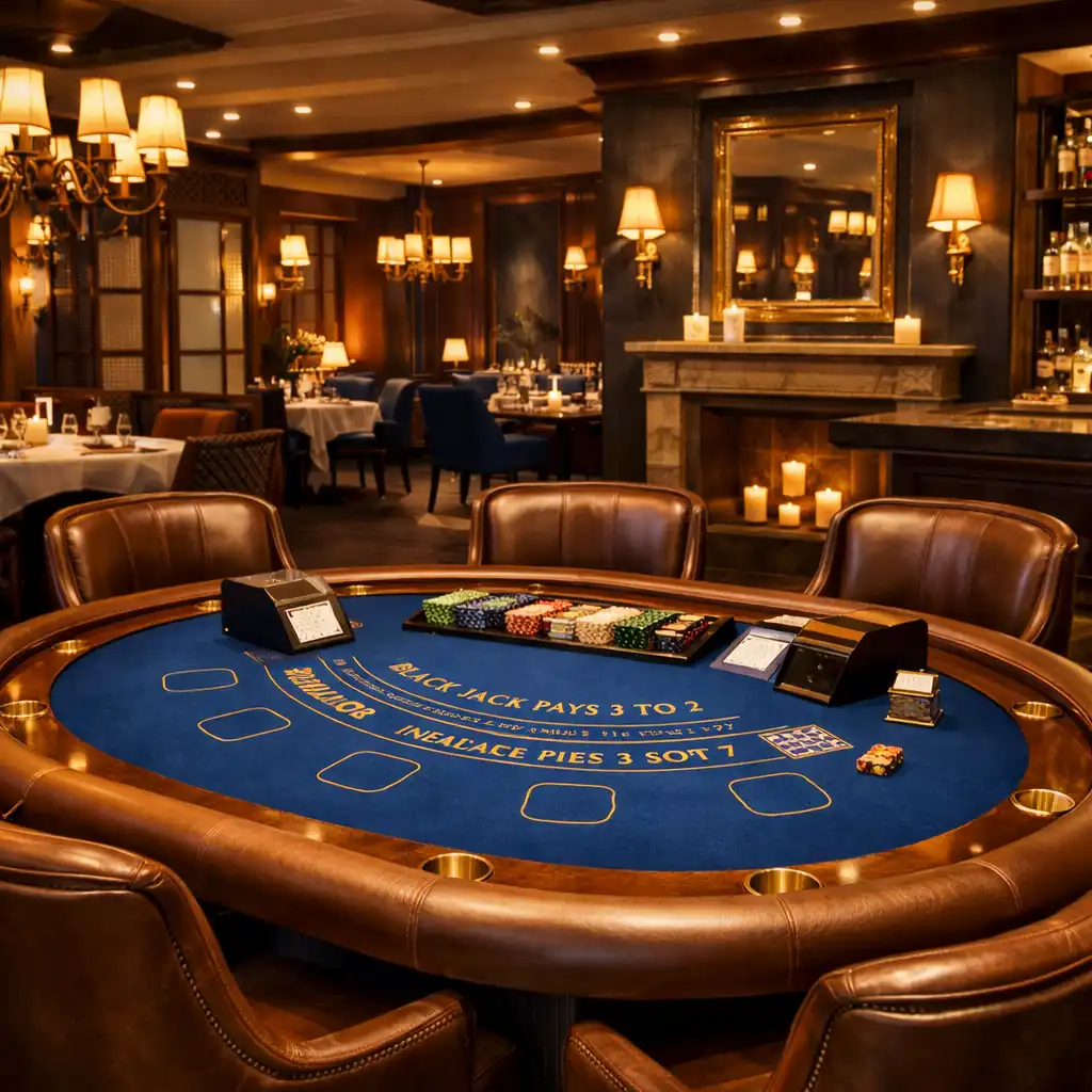 Stół do blackjacka w eleganckiej strefie kasyna Palate Dining z niebieskim suknem i skórzanymi fotelami