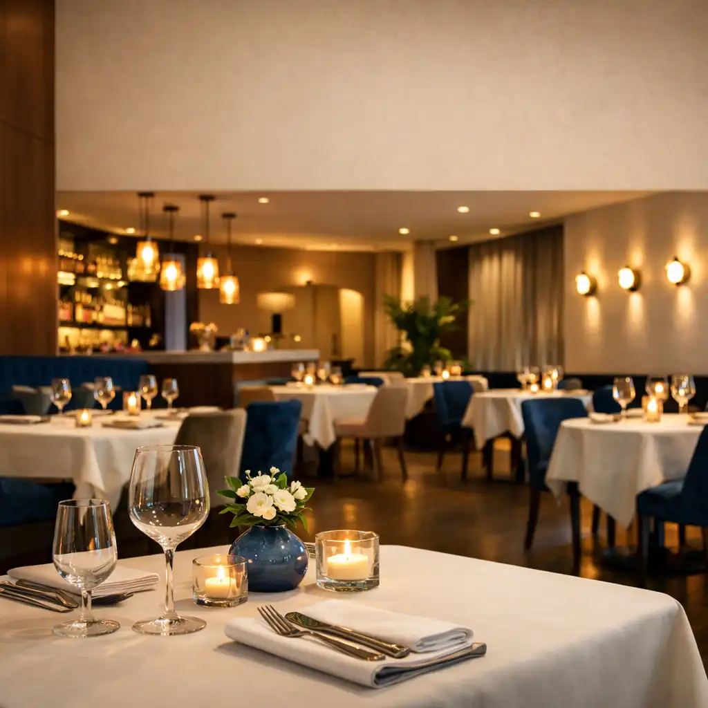 Eleganckie wnętrze restauracji Palate Dining z nowoczesnym wystrojem i ciepłym oświetleniem
