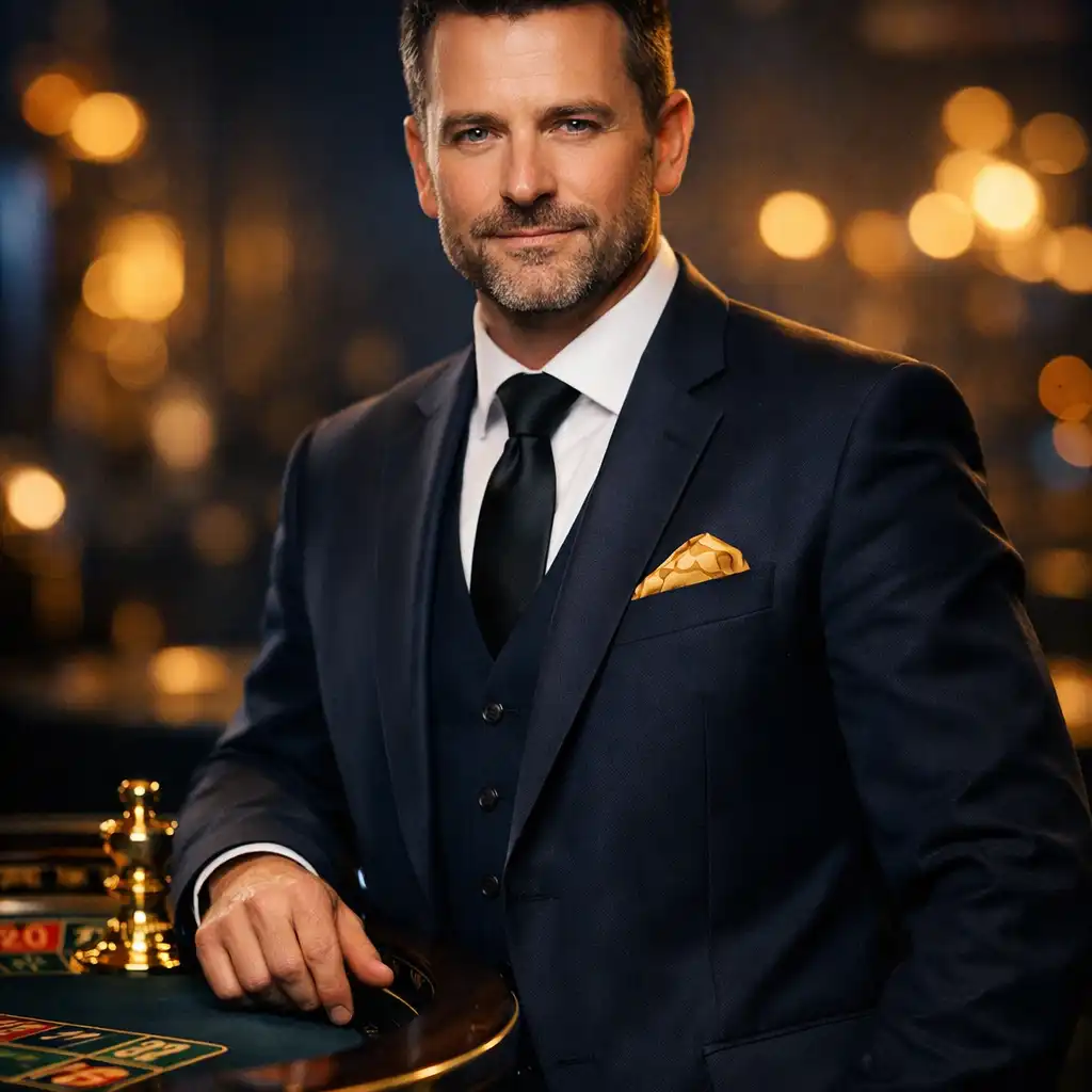 Portret menadżera sali gier Piotra Nowaka w eleganckim garniturze przy stole do ruletki